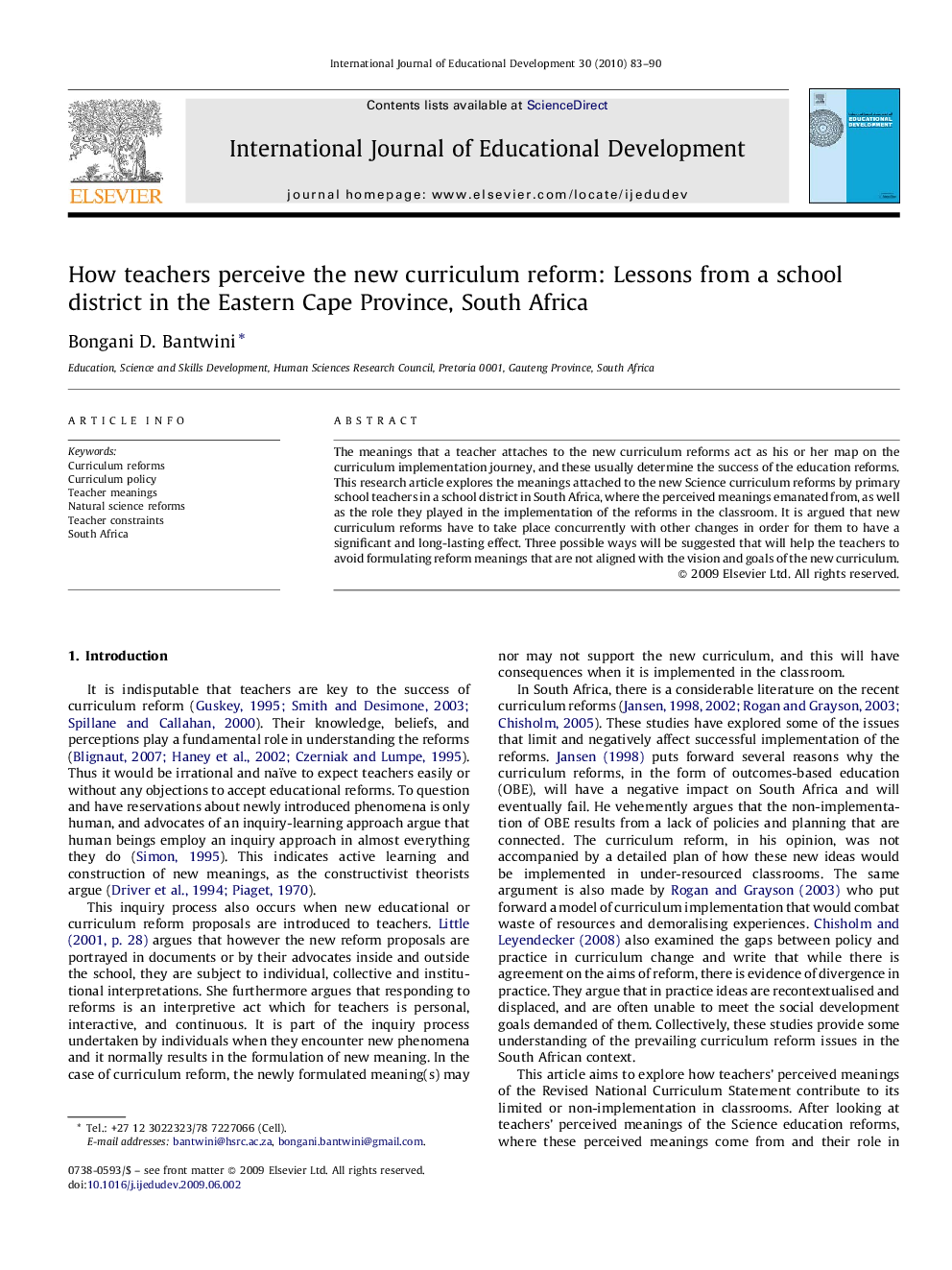 How teachers perceive the new curriculum reform: Lessons from a school district in the Eastern Cape Province, South Africa