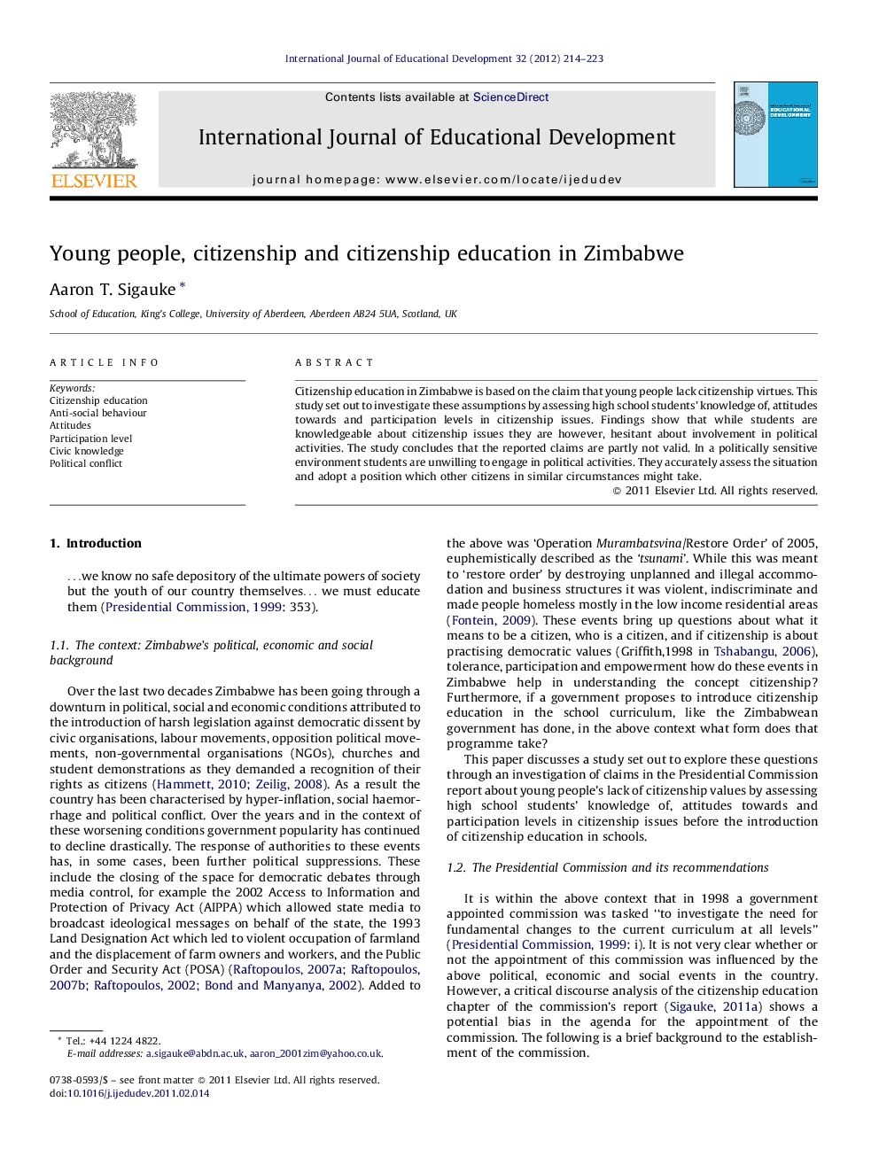 Young people, citizenship and citizenship education in Zimbabwe