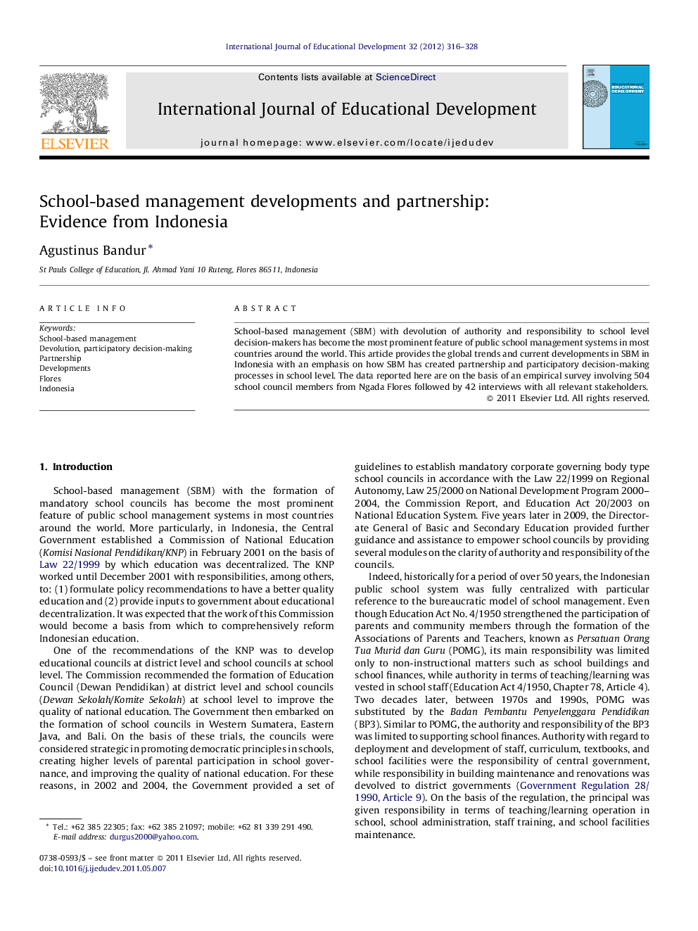 School-based management developments and partnership: Evidence from Indonesia