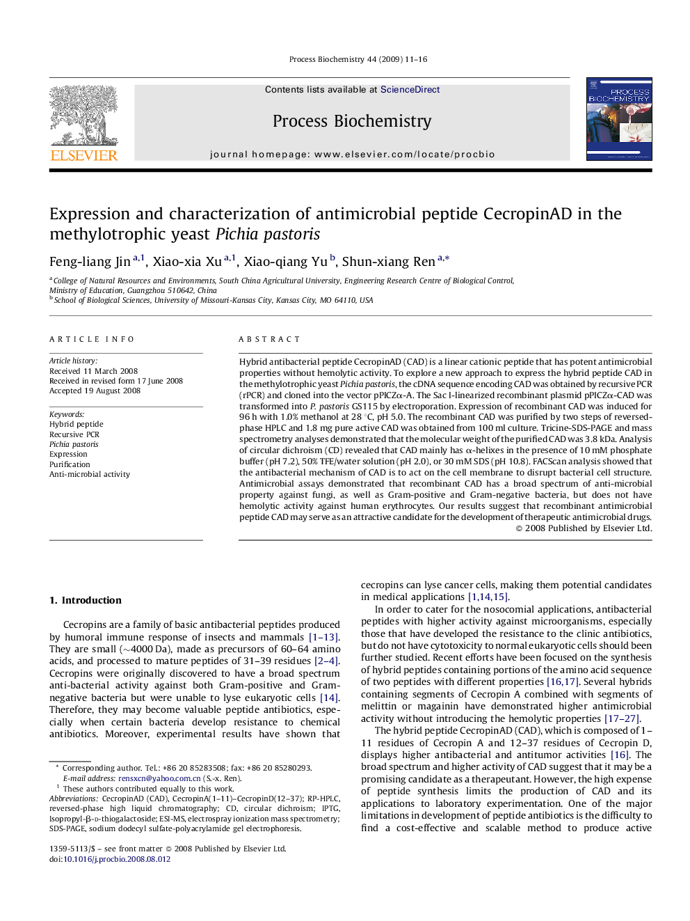 Expression and characterization of antimicrobial peptide CecropinAD in the methylotrophic yeast Pichia pastoris