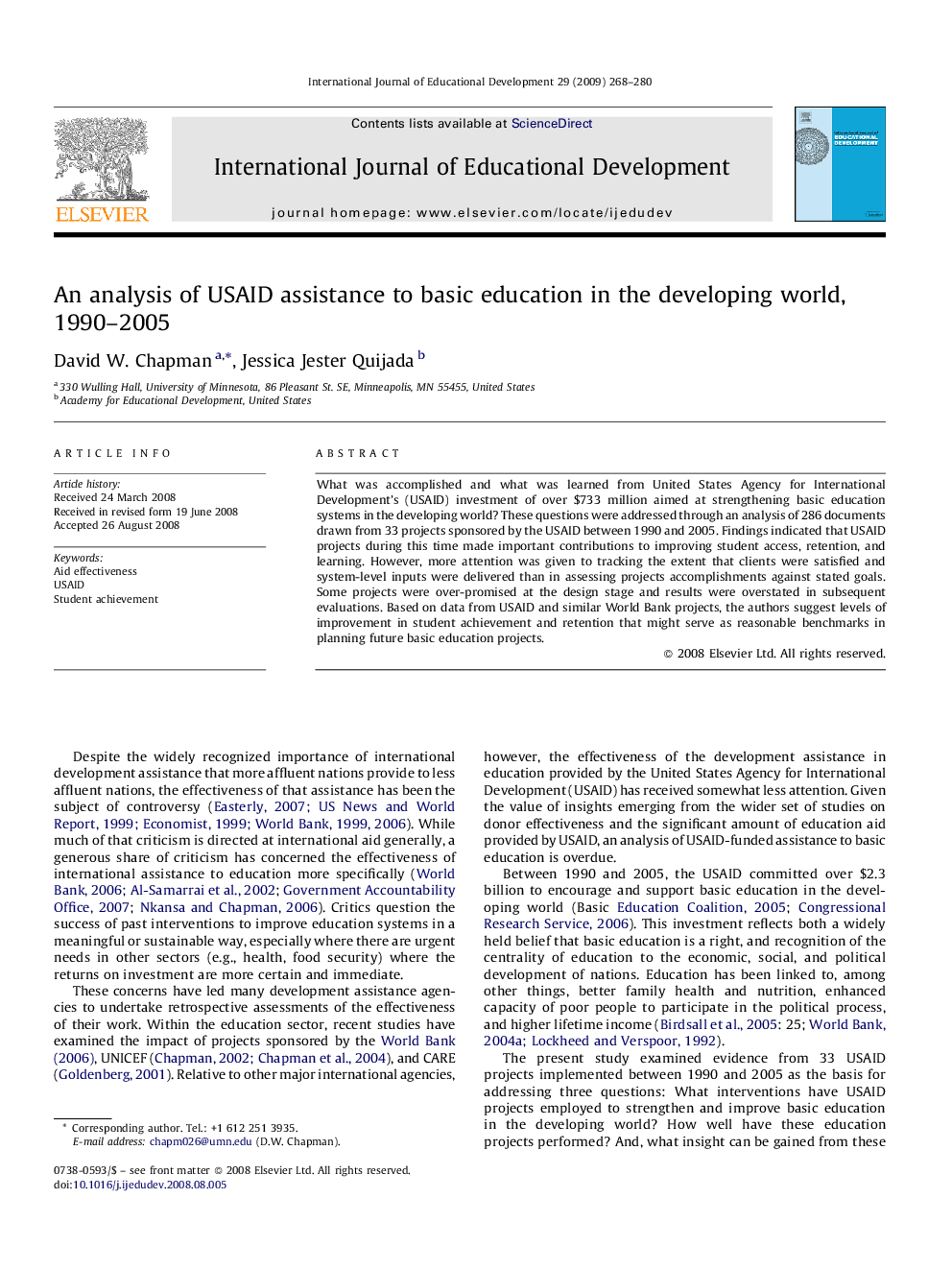 An analysis of USAID assistance to basic education in the developing world, 1990–2005