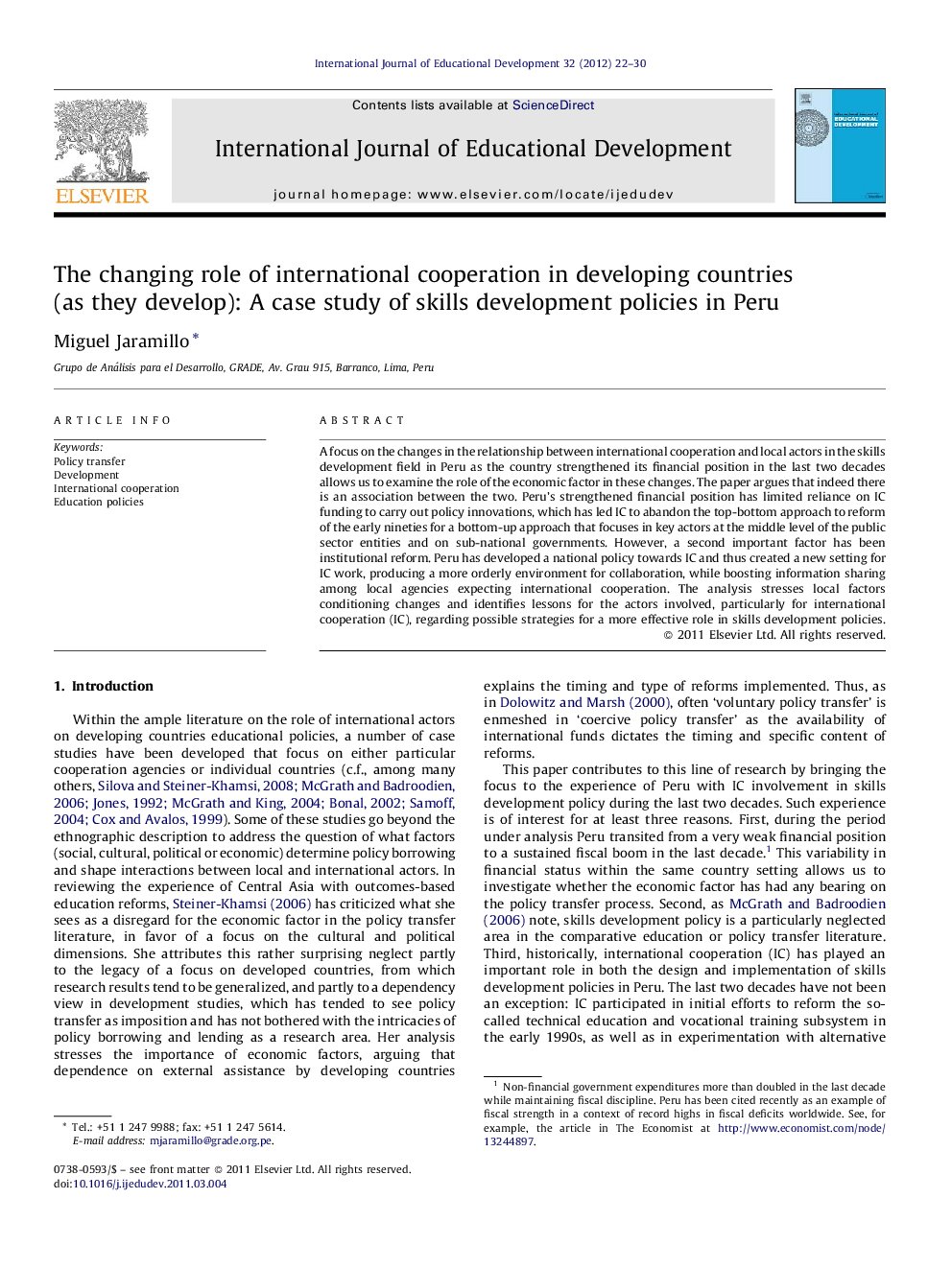 The changing role of international cooperation in developing countries (as they develop): A case study of skills development policies in Peru