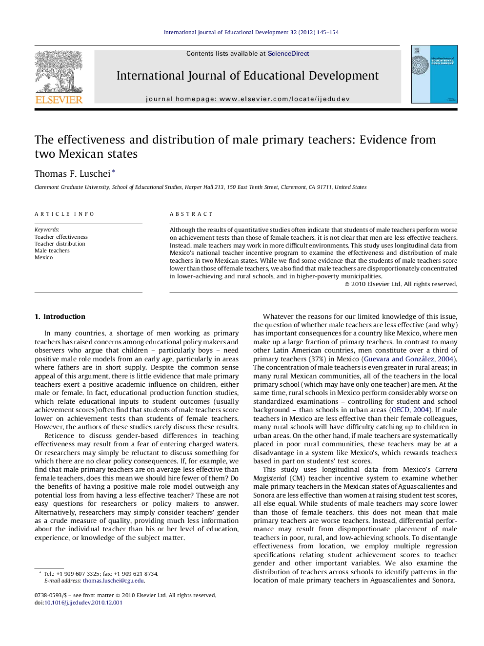 The effectiveness and distribution of male primary teachers: Evidence from two Mexican states