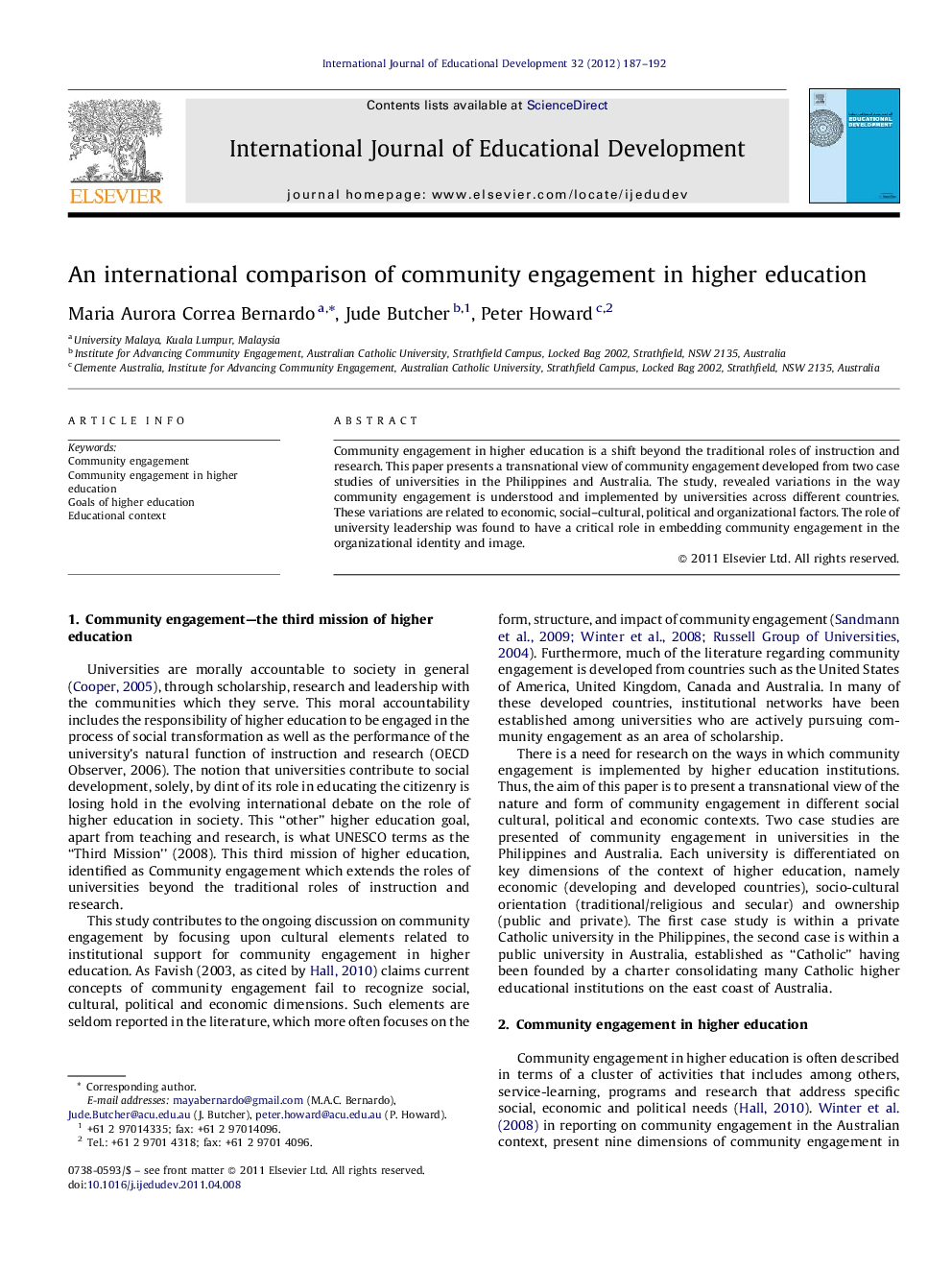 An international comparison of community engagement in higher education