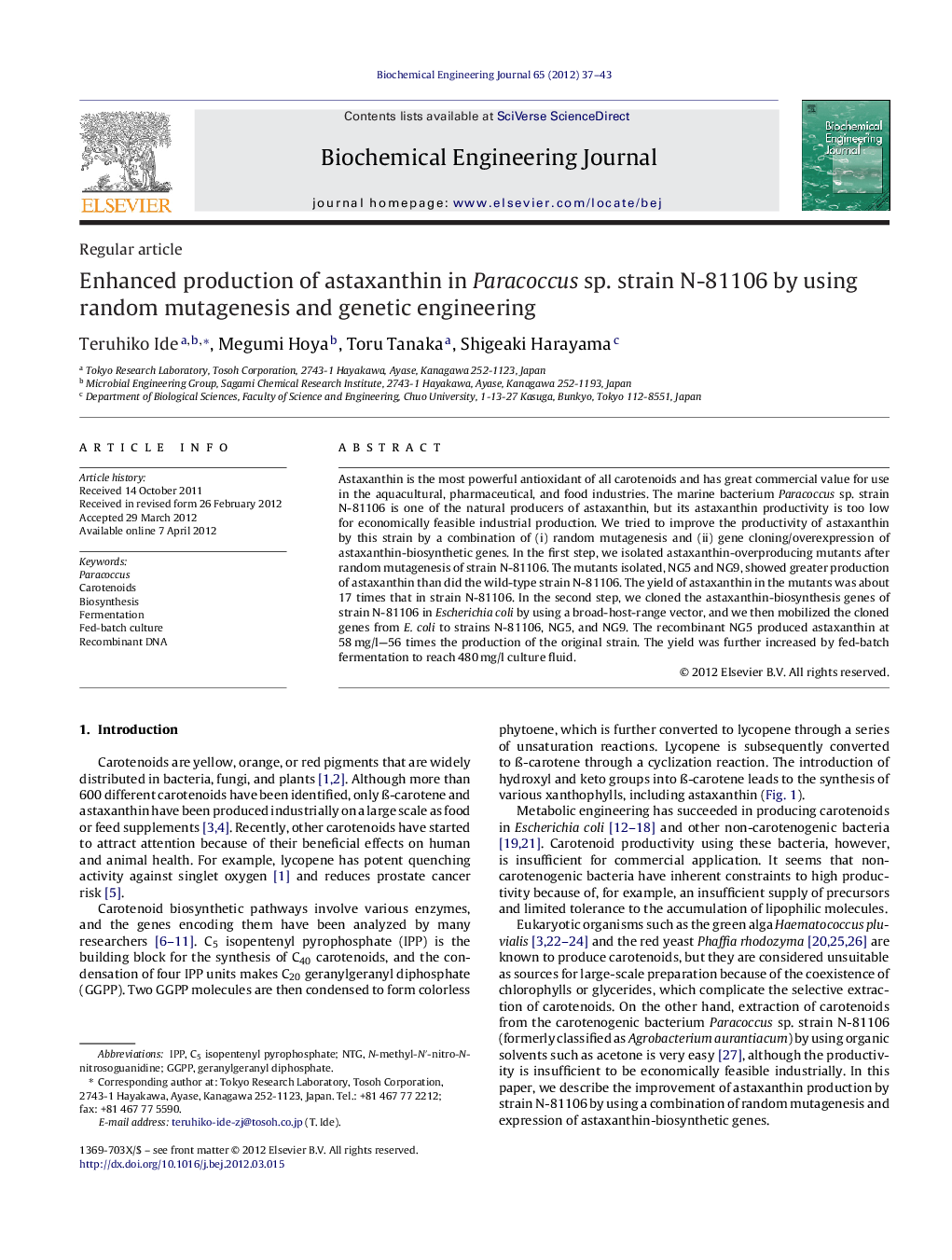 Enhanced production of astaxanthin in Paracoccus sp. strain N-81106 by using random mutagenesis and genetic engineering