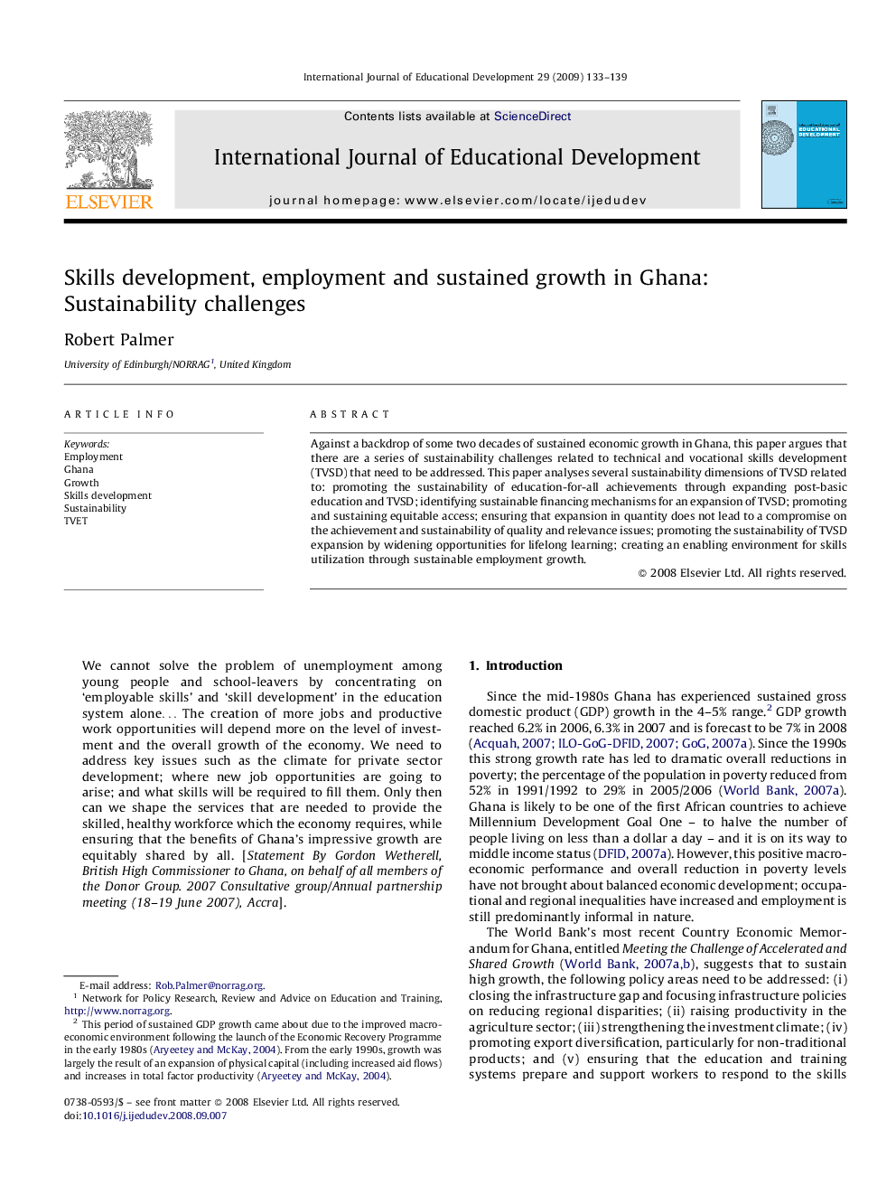 Skills development, employment and sustained growth in Ghana: Sustainability challenges