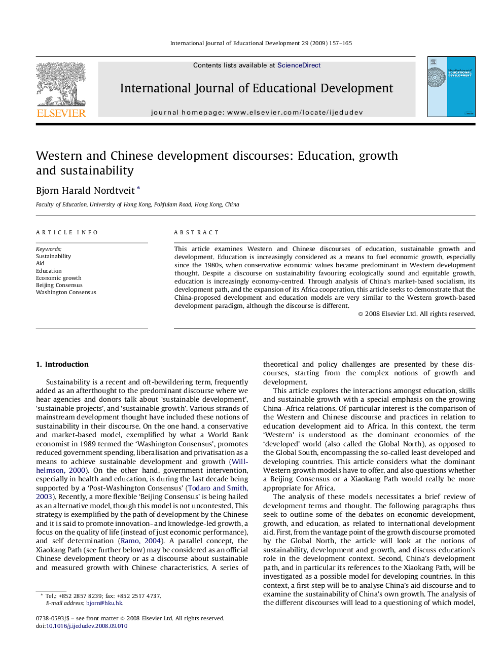 Western and Chinese development discourses: Education, growth and sustainability