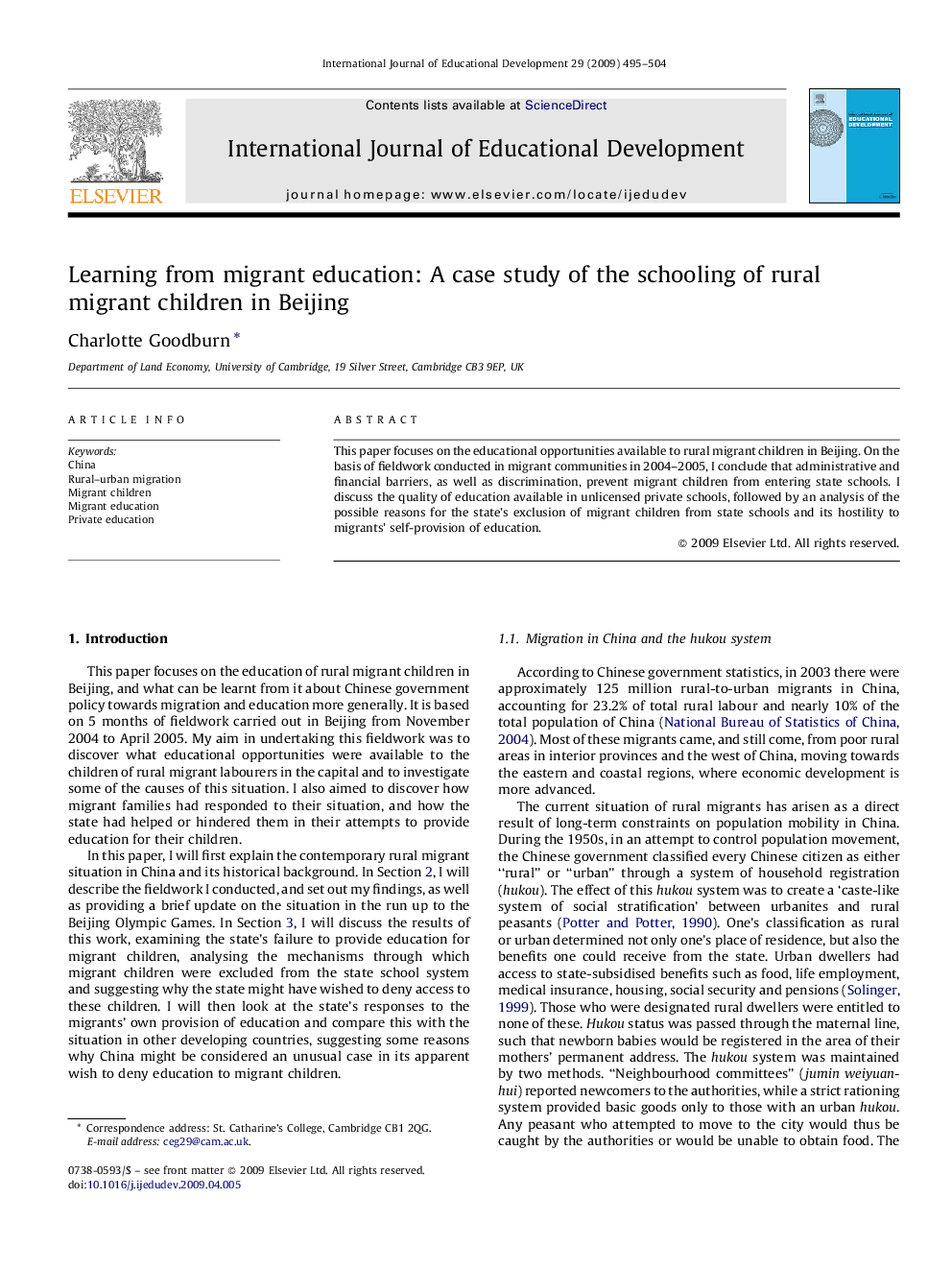 Learning from migrant education: A case study of the schooling of rural migrant children in Beijing