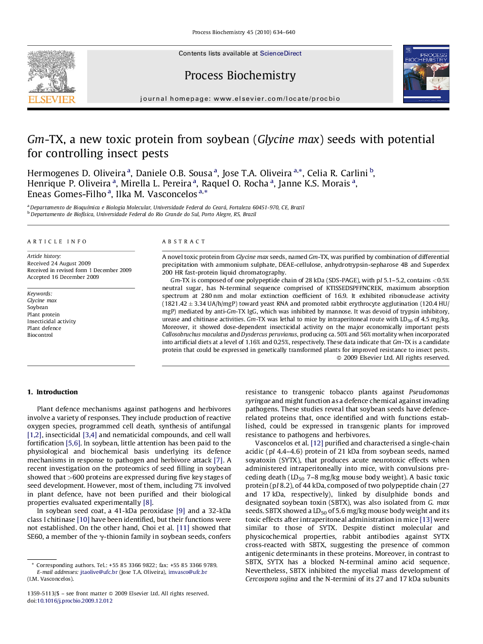 Gm-TX, a new toxic protein from soybean (Glycine max) seeds with potential for controlling insect pests