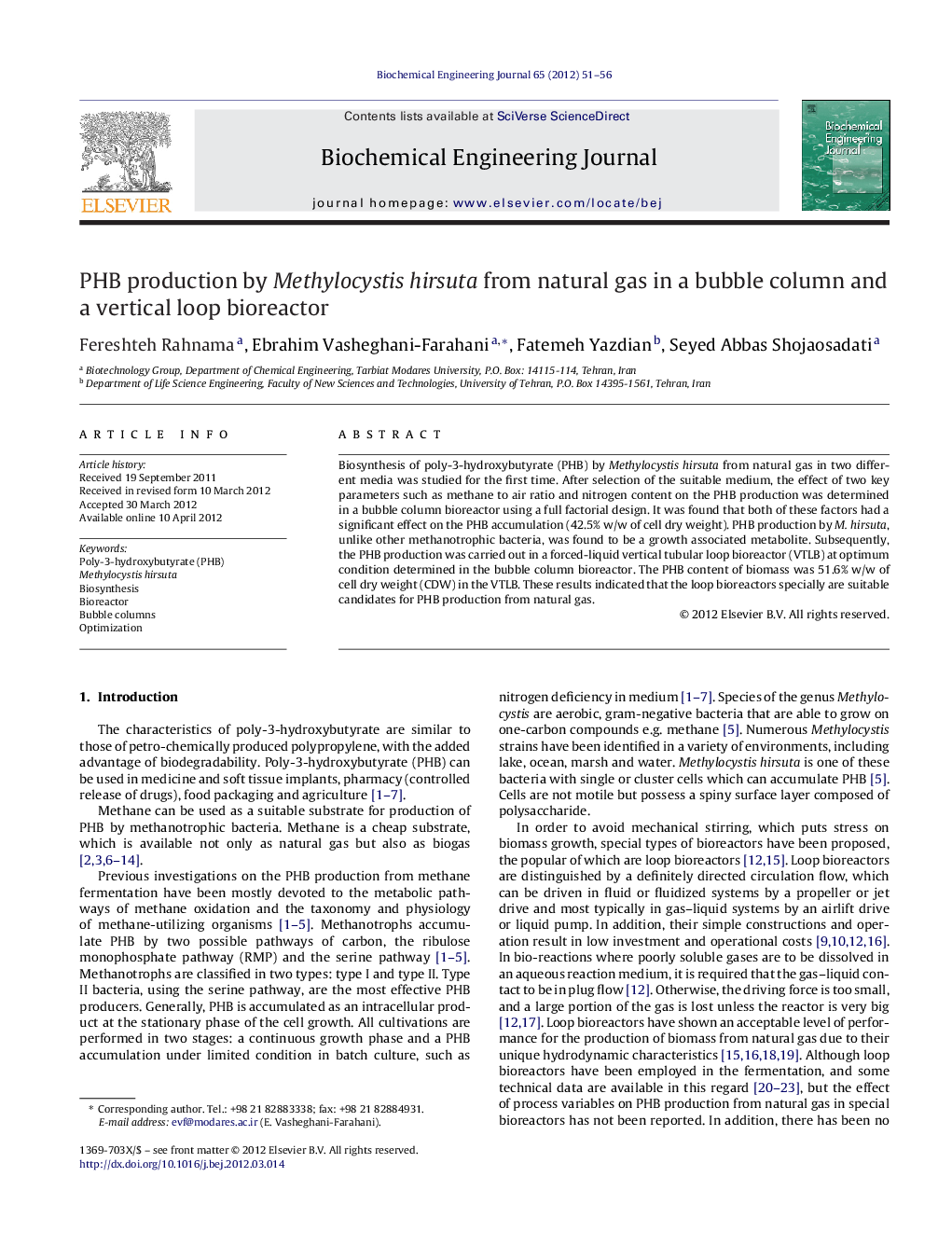 PHB production by Methylocystis hirsuta from natural gas in a bubble column and a vertical loop bioreactor