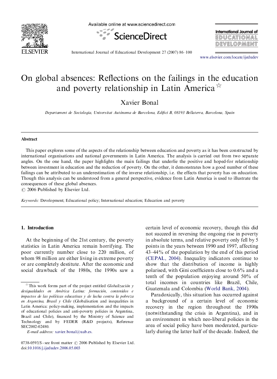On global absences: Reflections on the failings in the education and poverty relationship in Latin America 