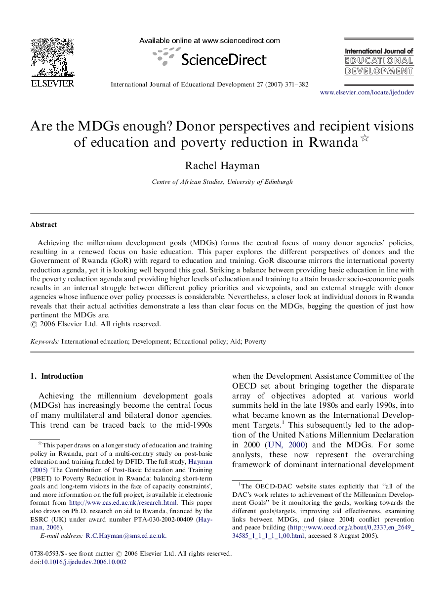 Are the MDGs enough? Donor perspectives and recipient visions of education and poverty reduction in Rwanda 