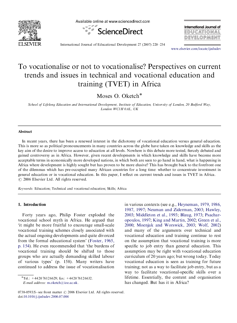 To vocationalise or not to vocationalise? Perspectives on current trends and issues in technical and vocational education and training (TVET) in Africa