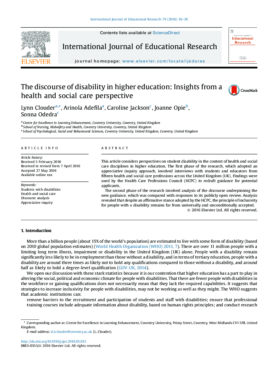 The discourse of disability in higher education: Insights from a health and social care perspective