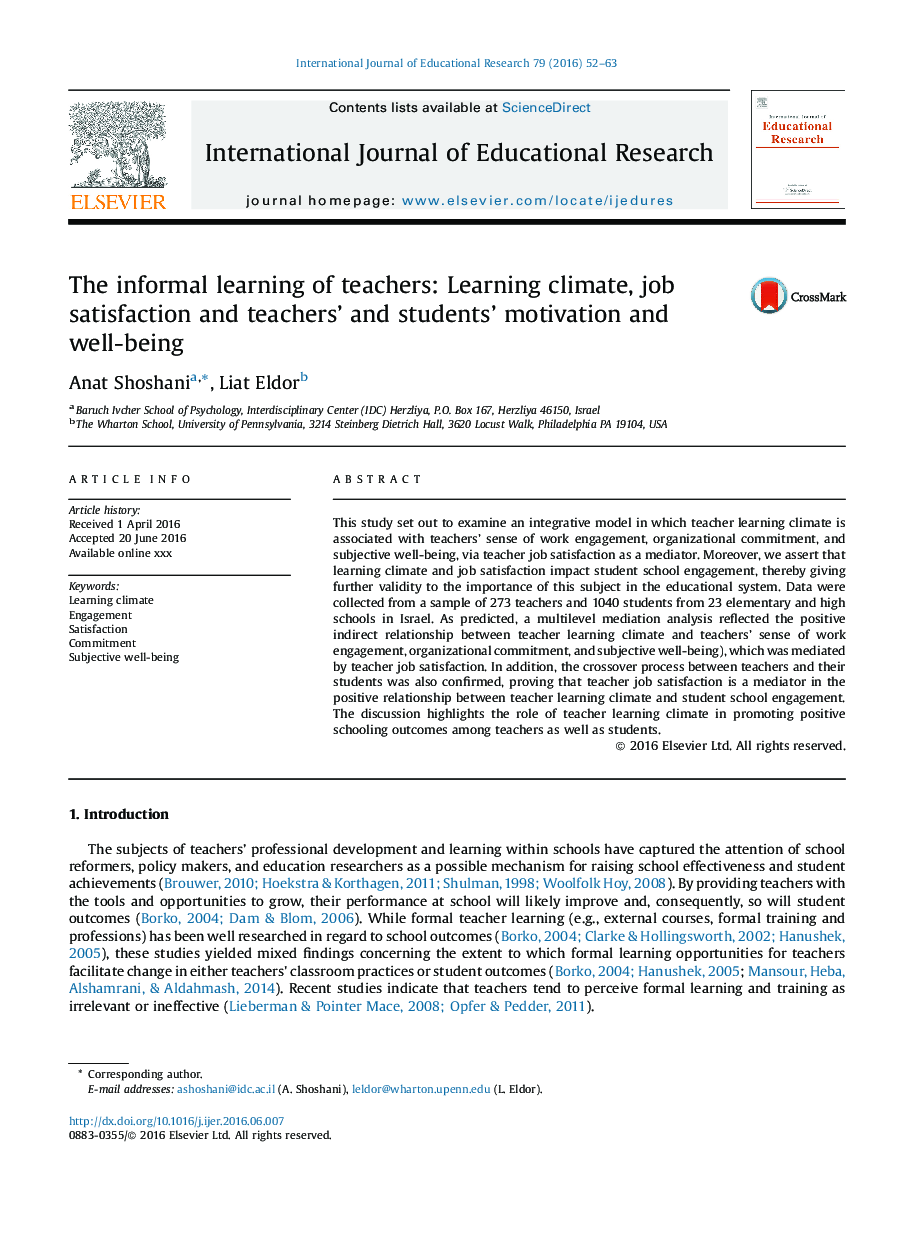 The informal learning of teachers: Learning climate, job satisfaction and teachers’ and students’ motivation and well-being