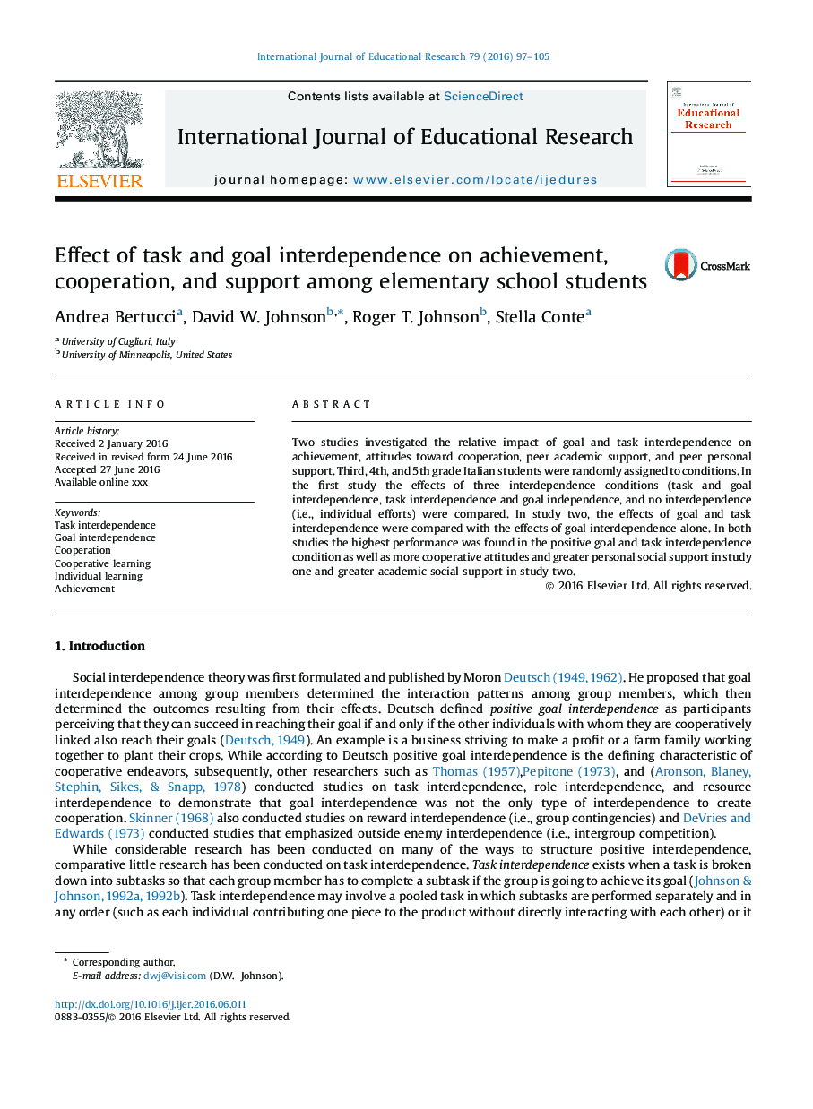 Effect of task and goal interdependence on achievement, cooperation, and support among elementary school students
