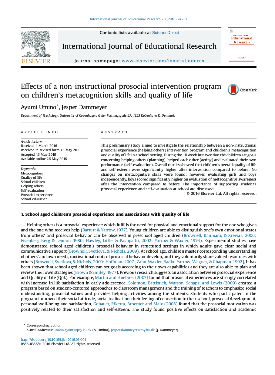 Effects of a non-instructional prosocial intervention program on children’s metacognition skills and quality of life