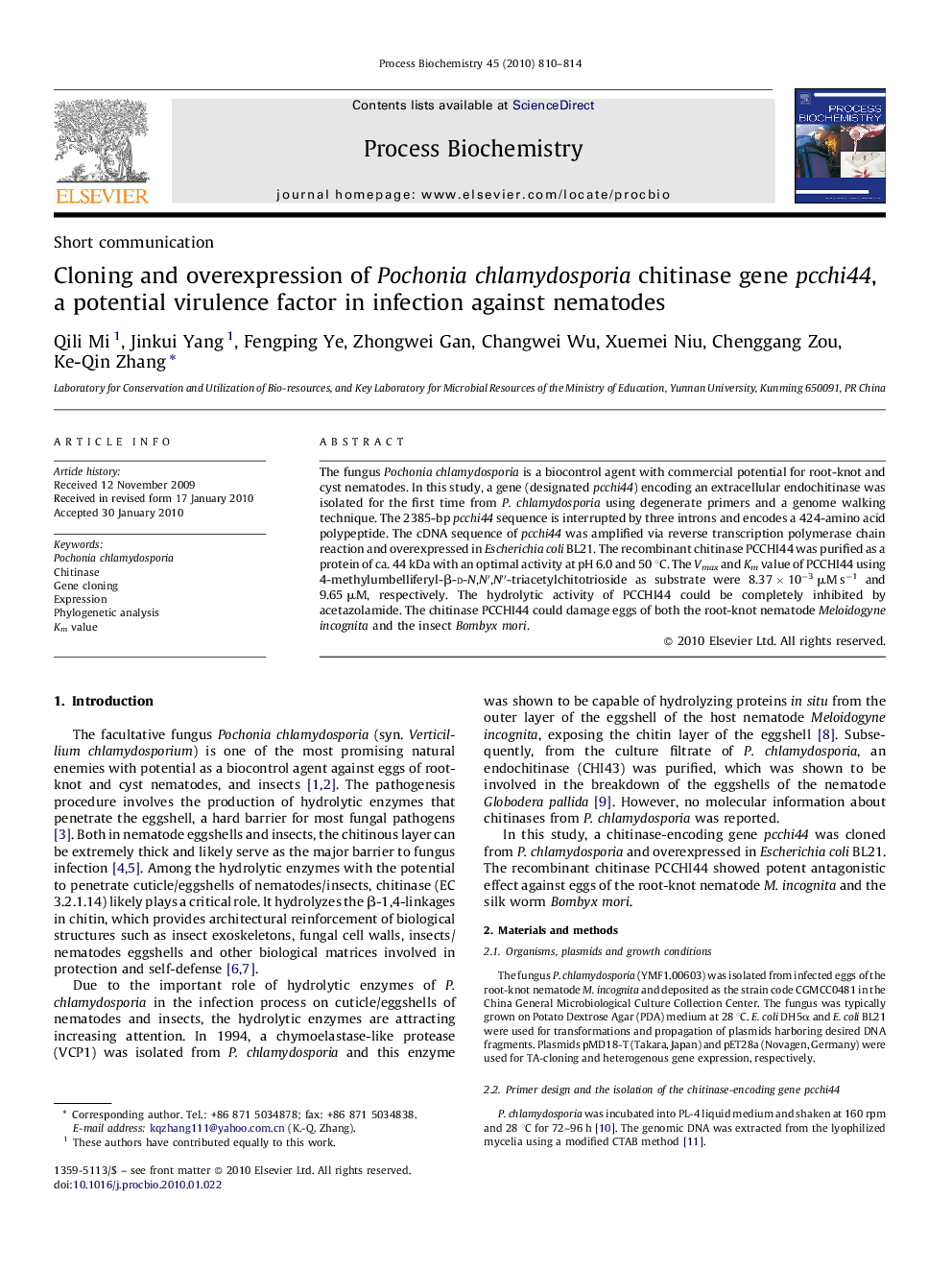 Cloning and overexpression of Pochonia chlamydosporia chitinase gene pcchi44, a potential virulence factor in infection against nematodes