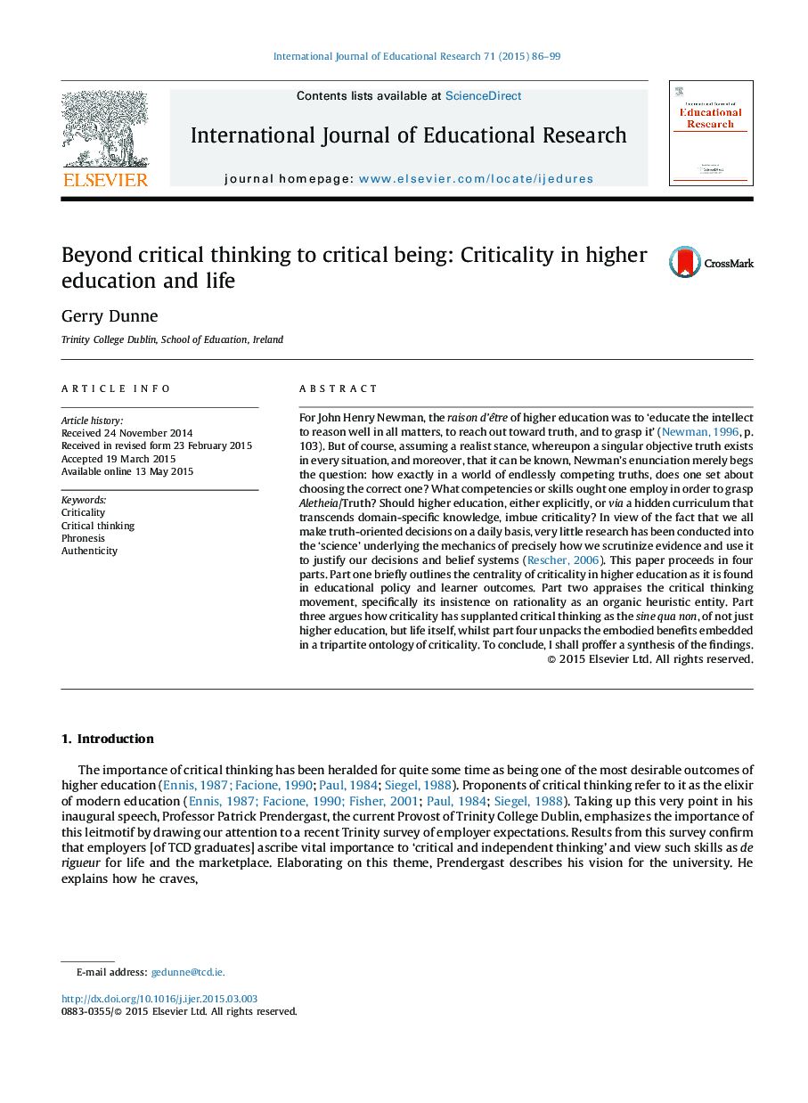 Beyond critical thinking to critical being: Criticality in higher education and life