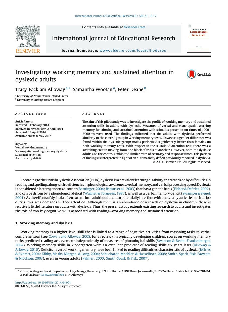 Investigating working memory and sustained attention in dyslexic adults