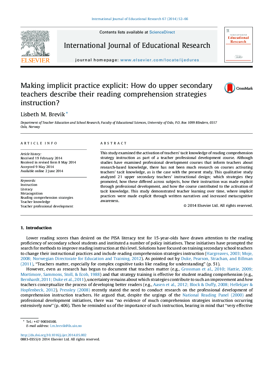 Making implicit practice explicit: How do upper secondary teachers describe their reading comprehension strategies instruction?