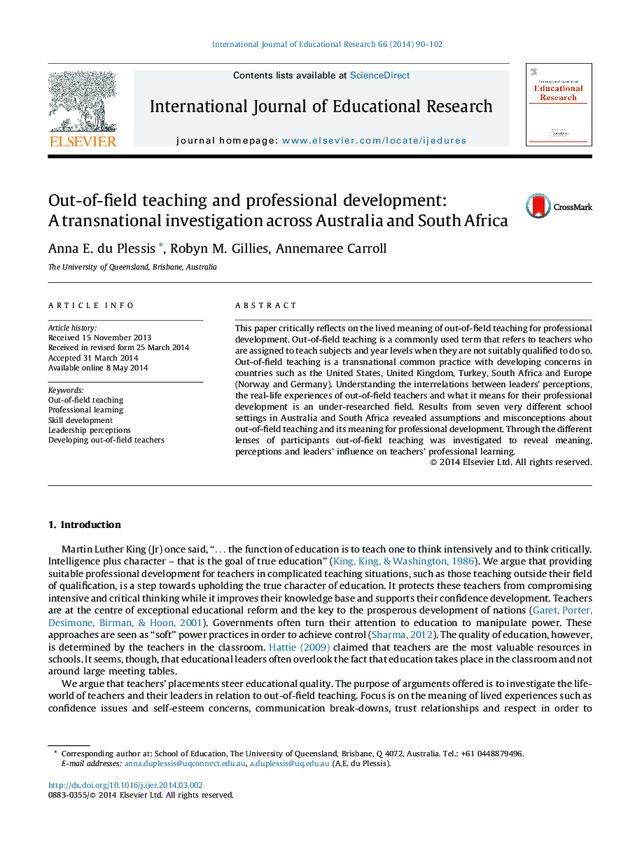 خارج از حوزه آموزش و توسعه حرفه ای: مطالعه فرا ملی در سراسر استرالیا و آفریقای جنوبی