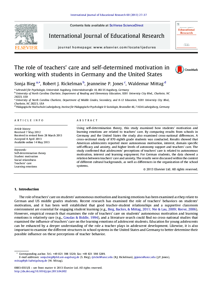 The role of teachers’ care and self-determined motivation in working with students in Germany and the United States