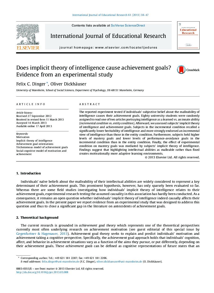 Does implicit theory of intelligence cause achievement goals? Evidence from an experimental study