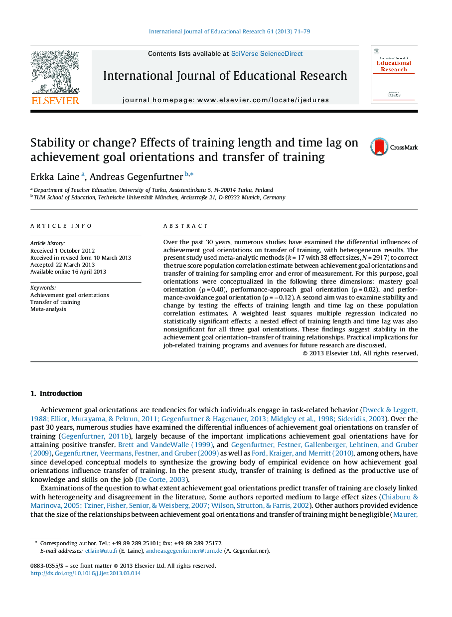 Stability or change? Effects of training length and time lag on achievement goal orientations and transfer of training