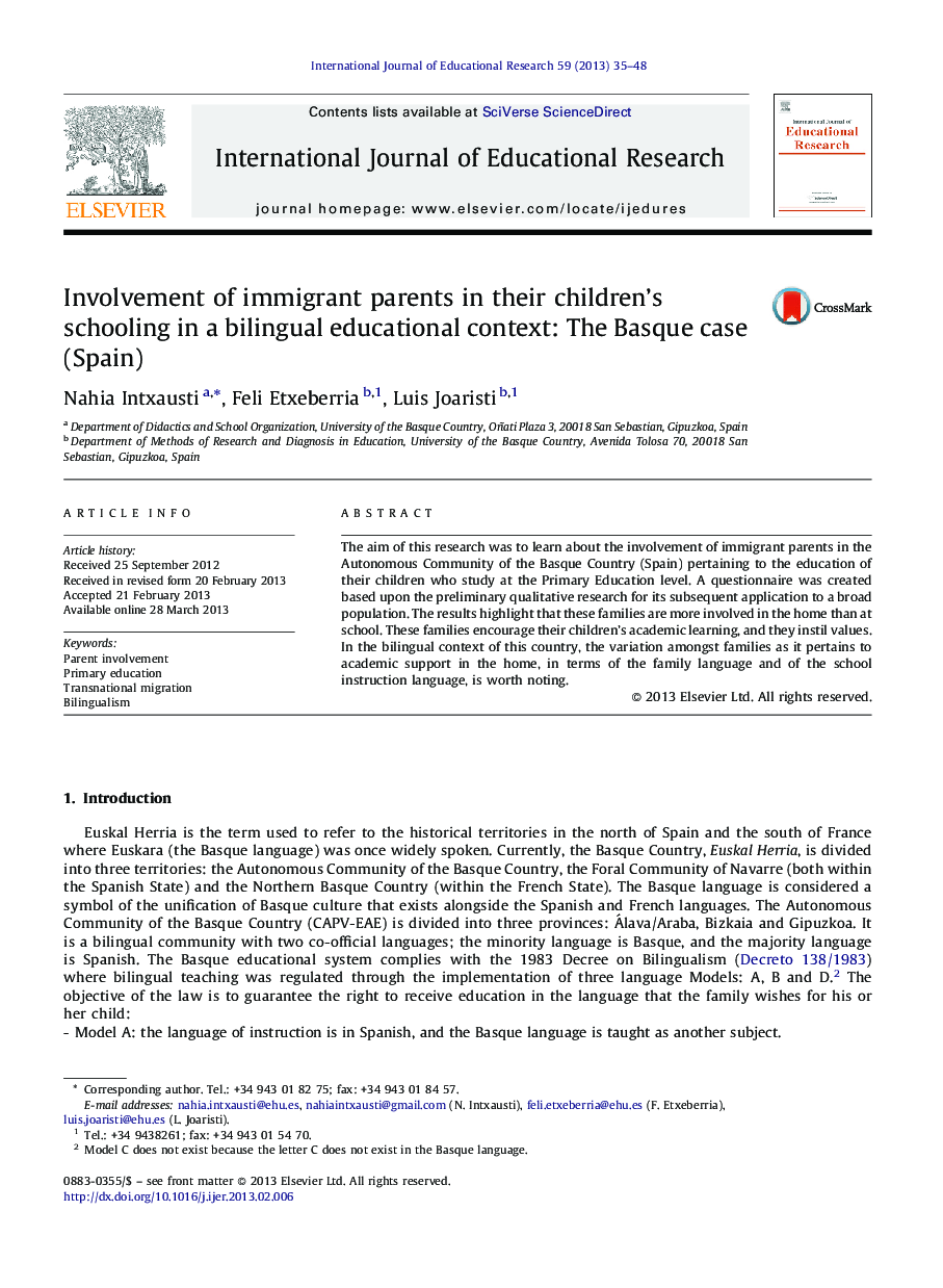 Involvement of immigrant parents in their children's schooling in a bilingual educational context: The Basque case (Spain)