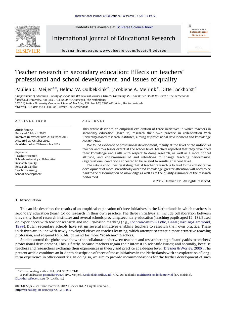 Teacher research in secondary education: Effects on teachers’ professional and school development, and issues of quality