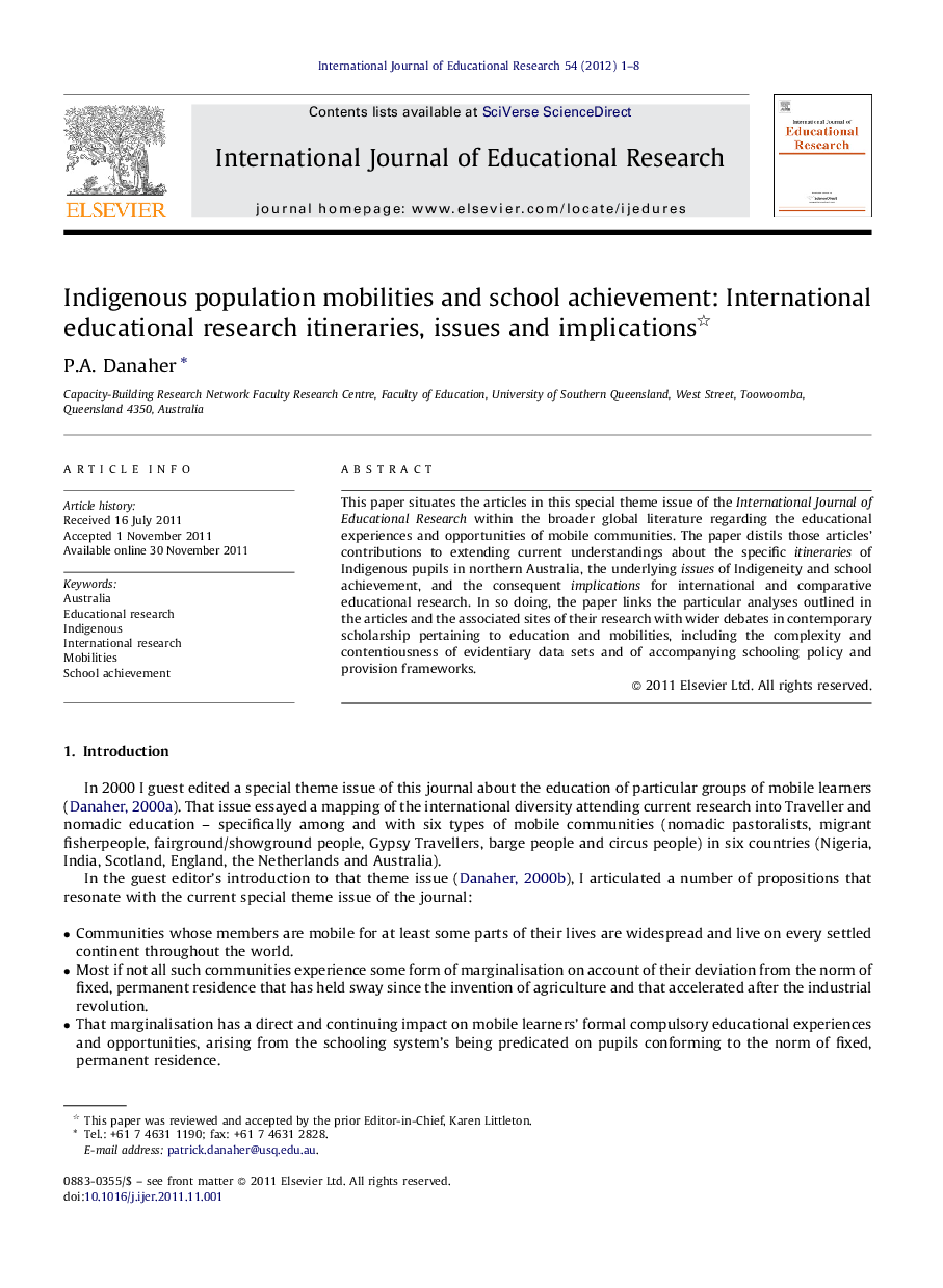 Indigenous population mobilities and school achievement: International educational research itineraries, issues and implications 