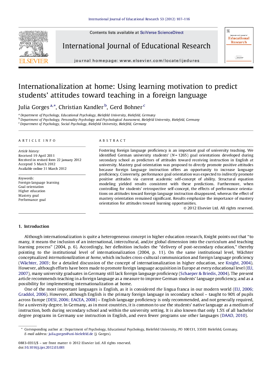 Internationalization at home: Using learning motivation to predict students’ attitudes toward teaching in a foreign language