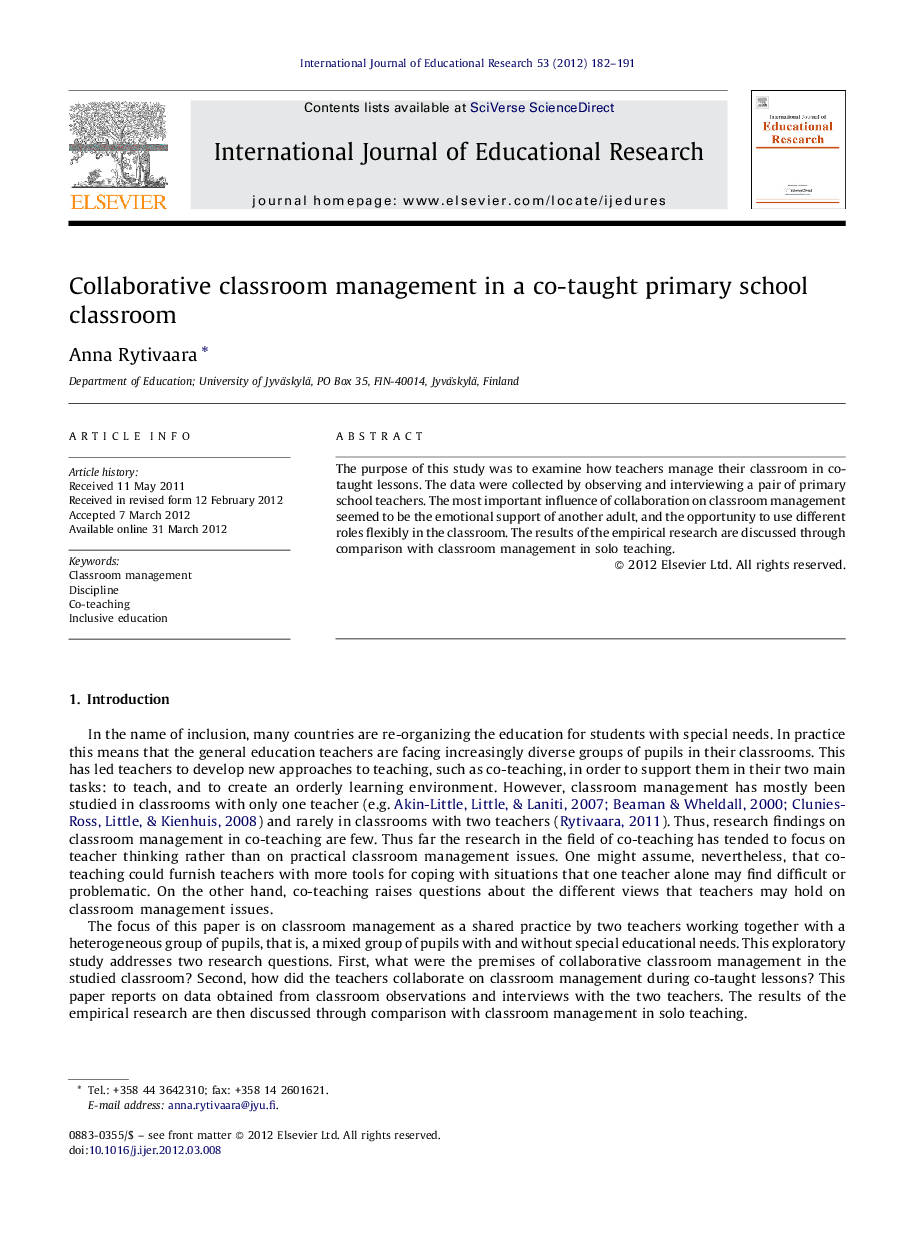 Collaborative classroom management in a co-taught primary school classroom