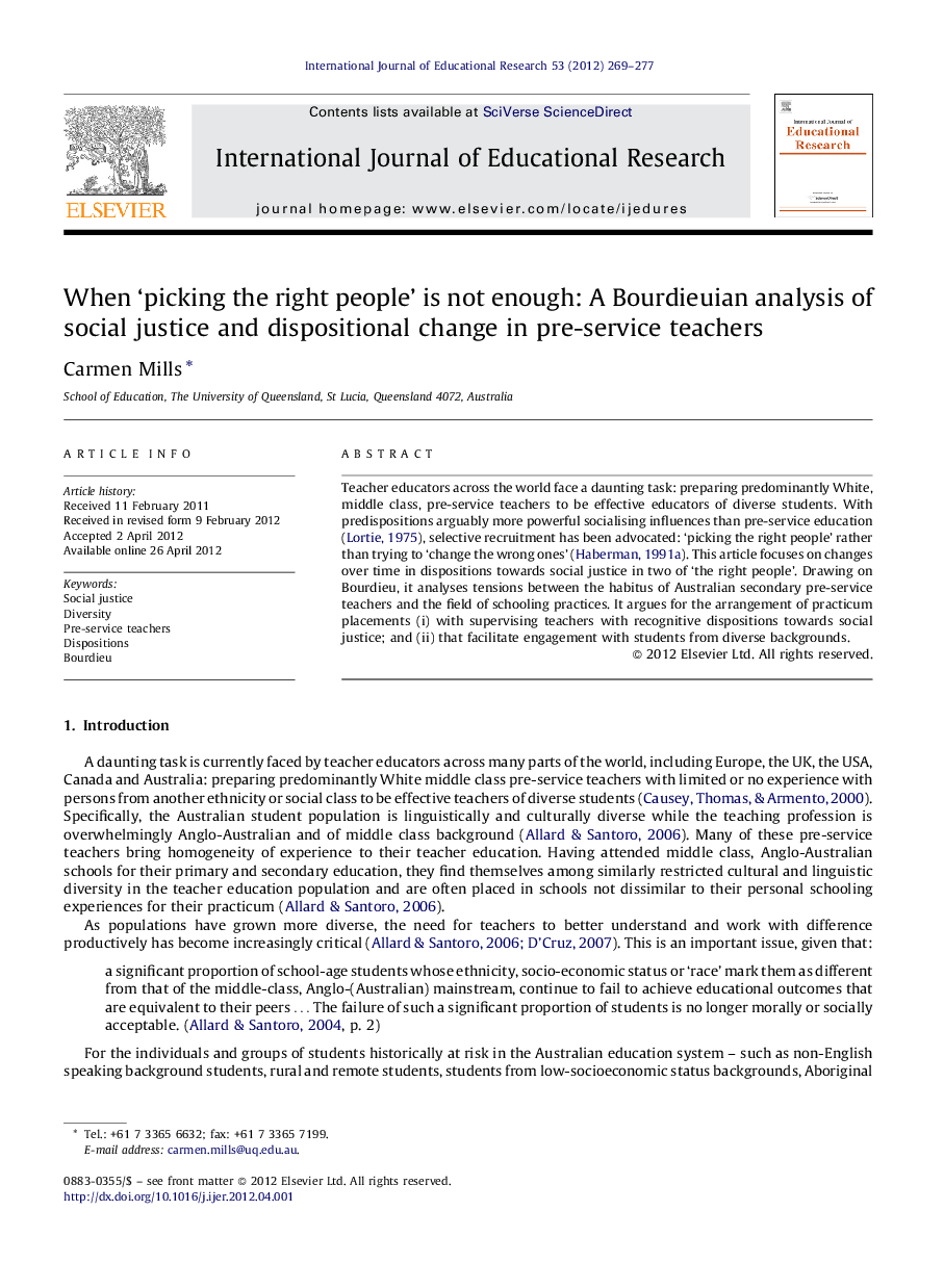 When ‘picking the right people’ is not enough: A Bourdieuian analysis of social justice and dispositional change in pre-service teachers