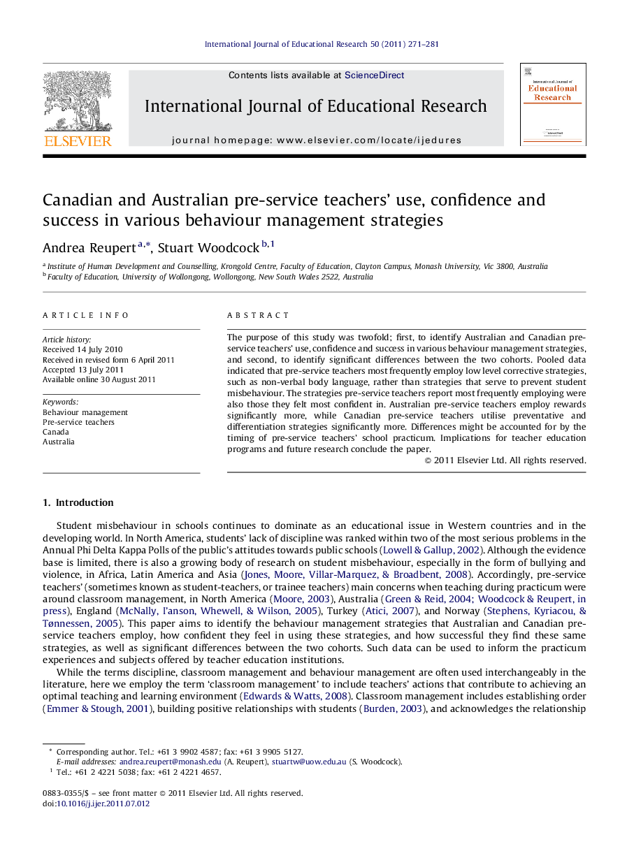عکس صفحه اول مقاله: Canadian and Australian pre-service teachers’ use, confidence and success in various behaviour management strategies Canadian and Australian pre-service teachers’ use, confidence and success in various behaviour management strategies