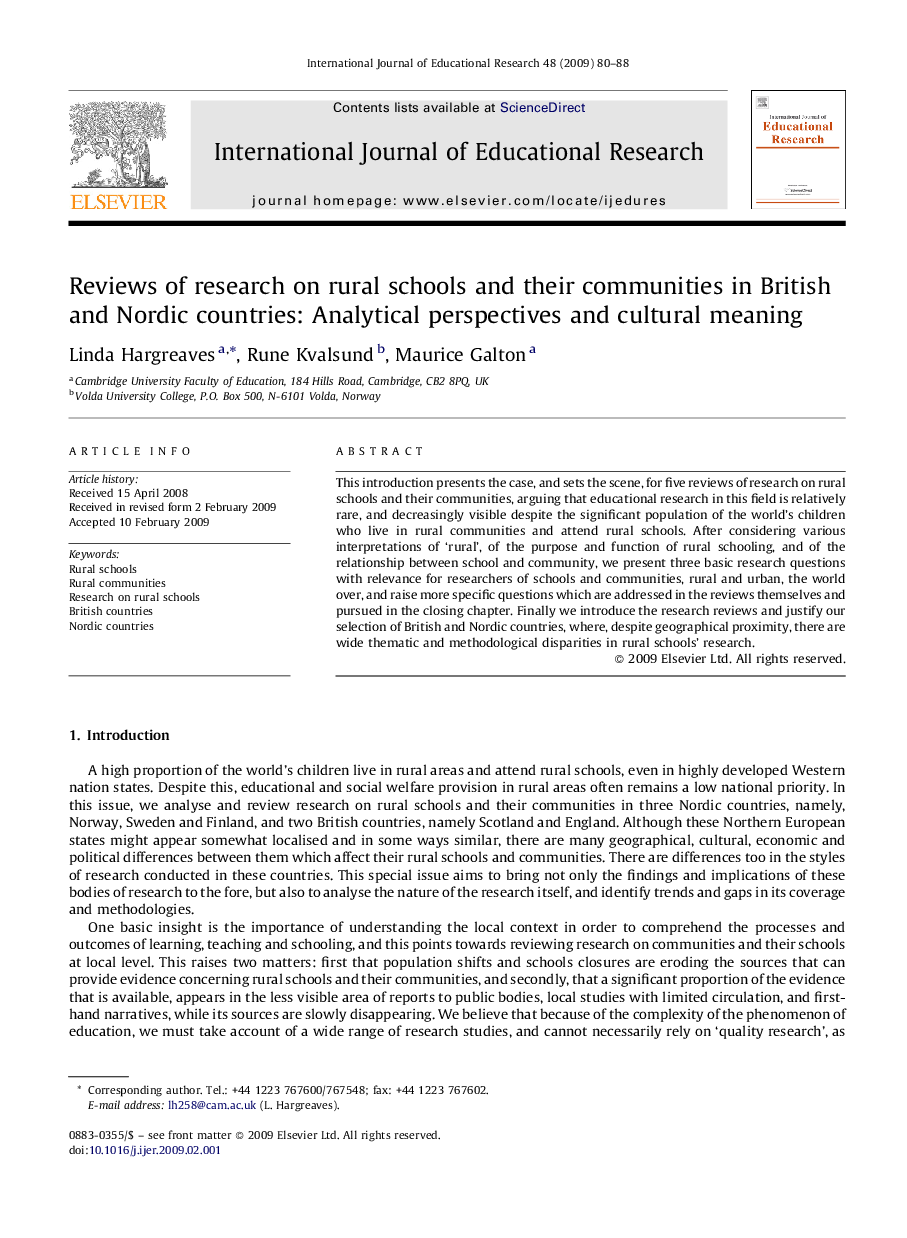 Reviews of research on rural schools and their communities in British and Nordic countries: Analytical perspectives and cultural meaning