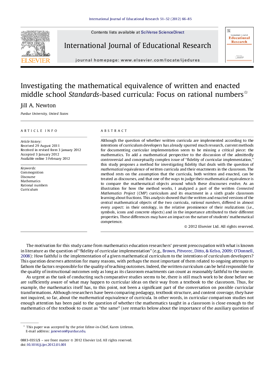 Investigating the mathematical equivalence of written and enacted middle school Standards-based curricula: Focus on rational numbers 