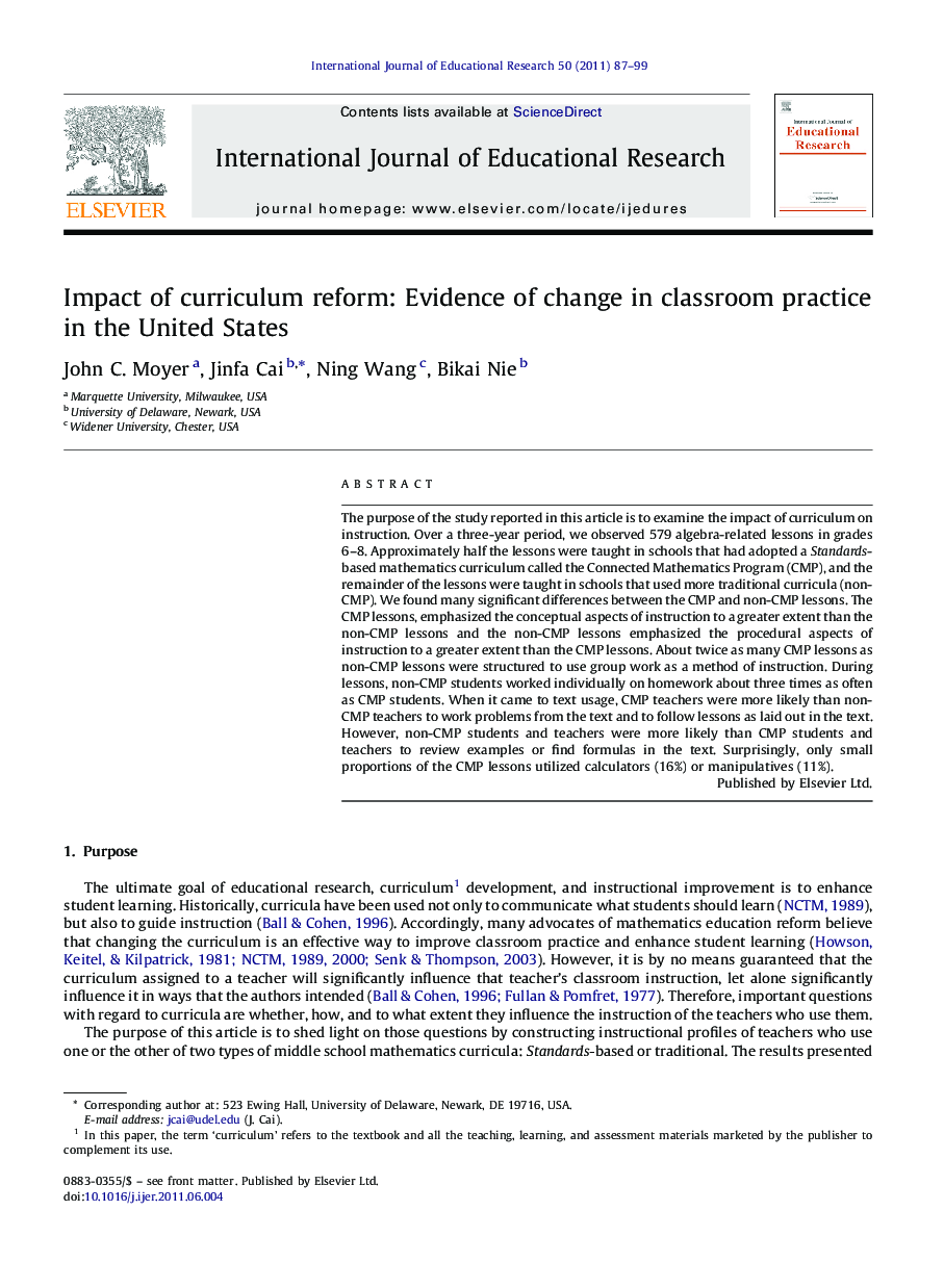 Impact of curriculum reform: Evidence of change in classroom practice in the United States