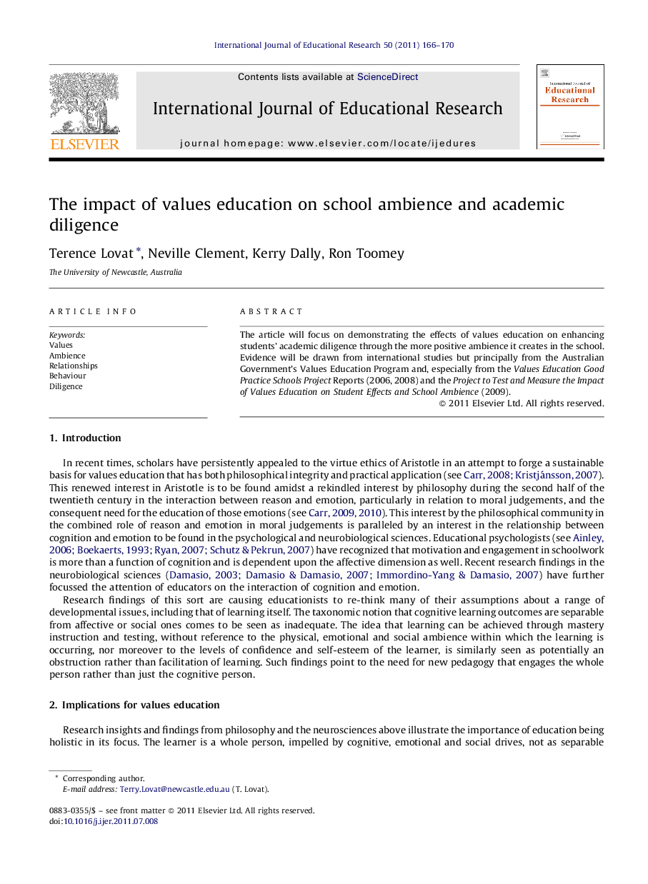 The impact of values education on school ambience and academic diligence