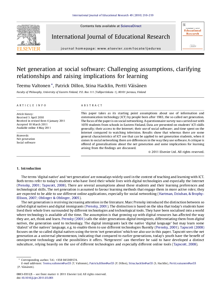 Net generation at social software: Challenging assumptions, clarifying relationships and raising implications for learning