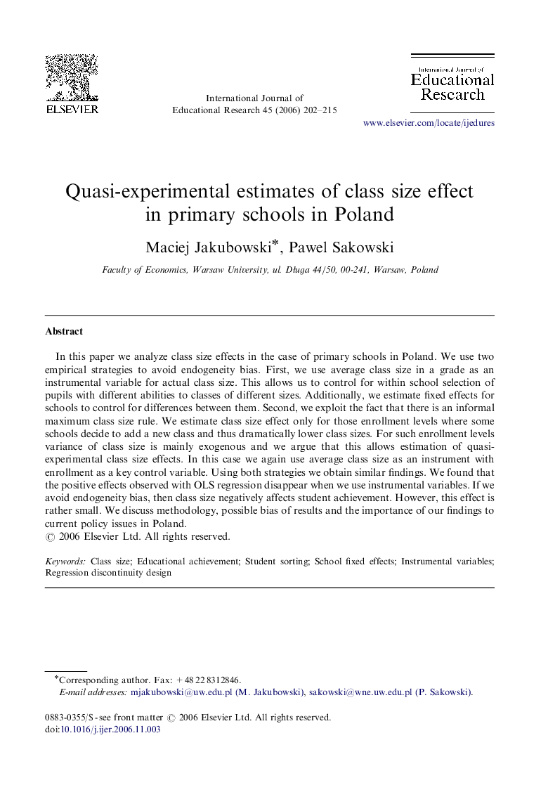 Quasi-experimental estimates of class size effect in primary schools in Poland