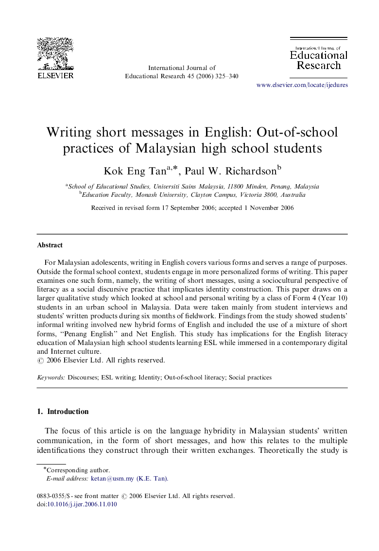 Writing short messages in English: Out-of-school practices of Malaysian high school students
