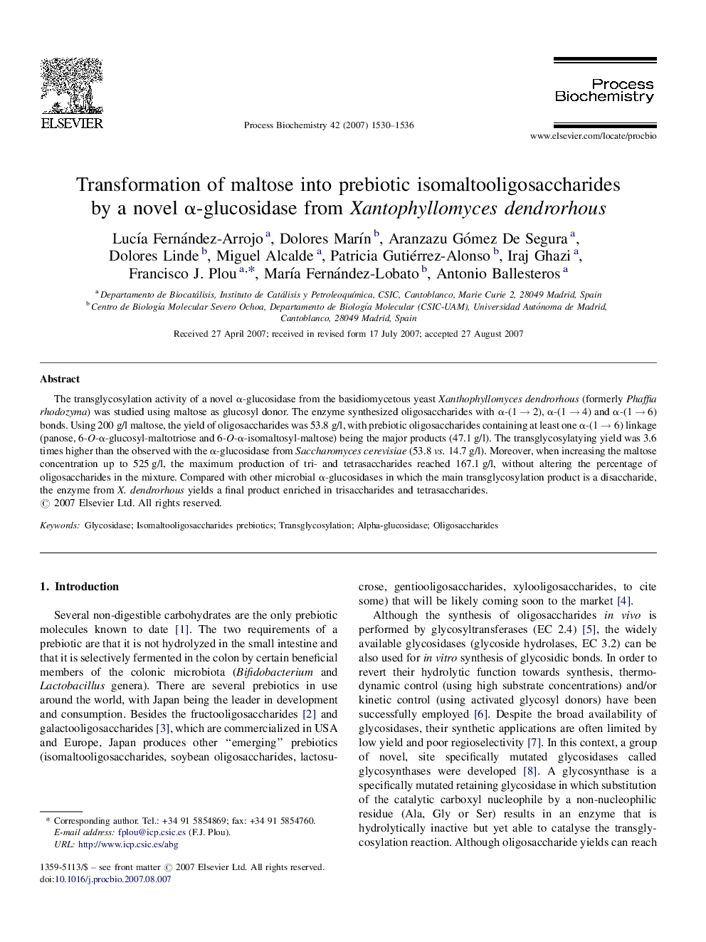 Transformation of maltose into prebiotic isomaltooligosaccharides by a novel α-glucosidase from Xantophyllomyces dendrorhous