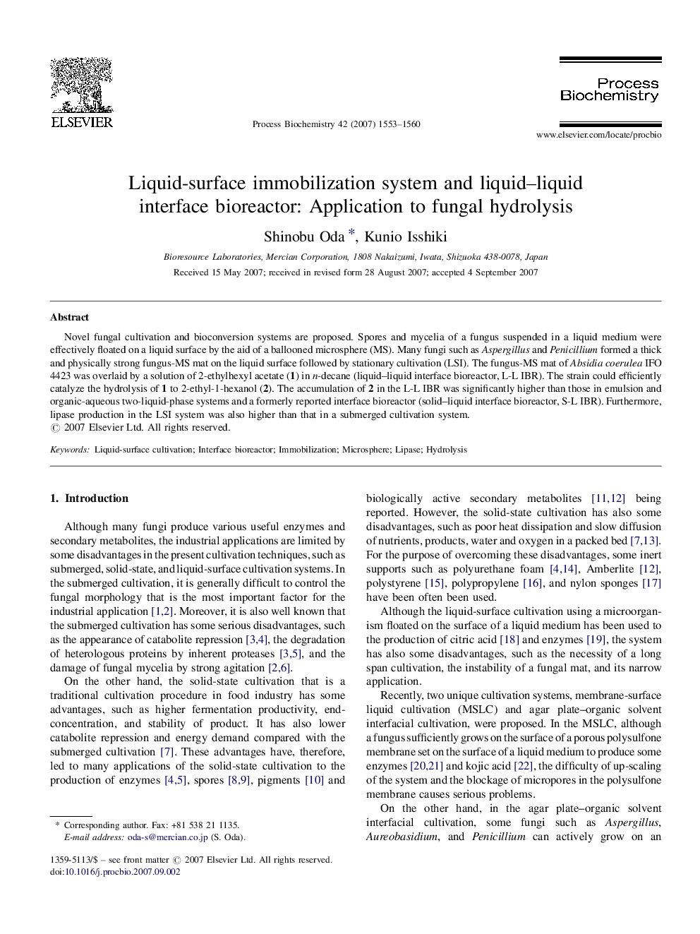 Liquid-surface immobilization system and liquid–liquid interface bioreactor: Application to fungal hydrolysis