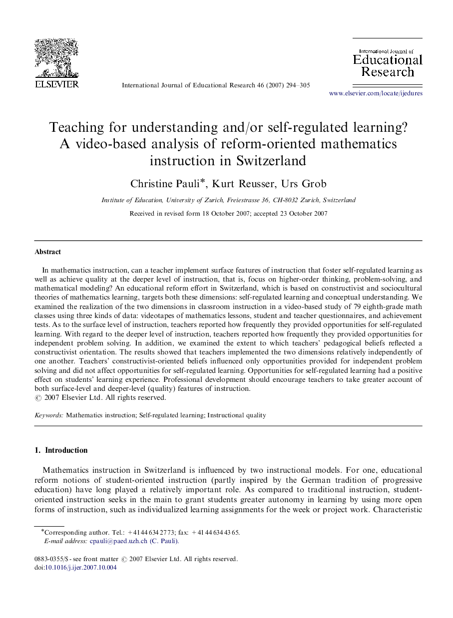 Teaching for understanding and/or self-regulated learning? A video-based analysis of reform-oriented mathematics instruction in Switzerland