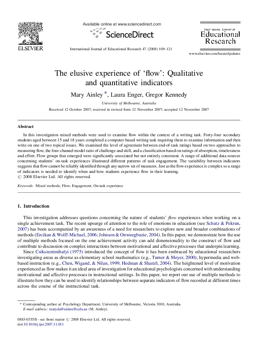 The elusive experience of ‘flow’: Qualitative and quantitative indicators