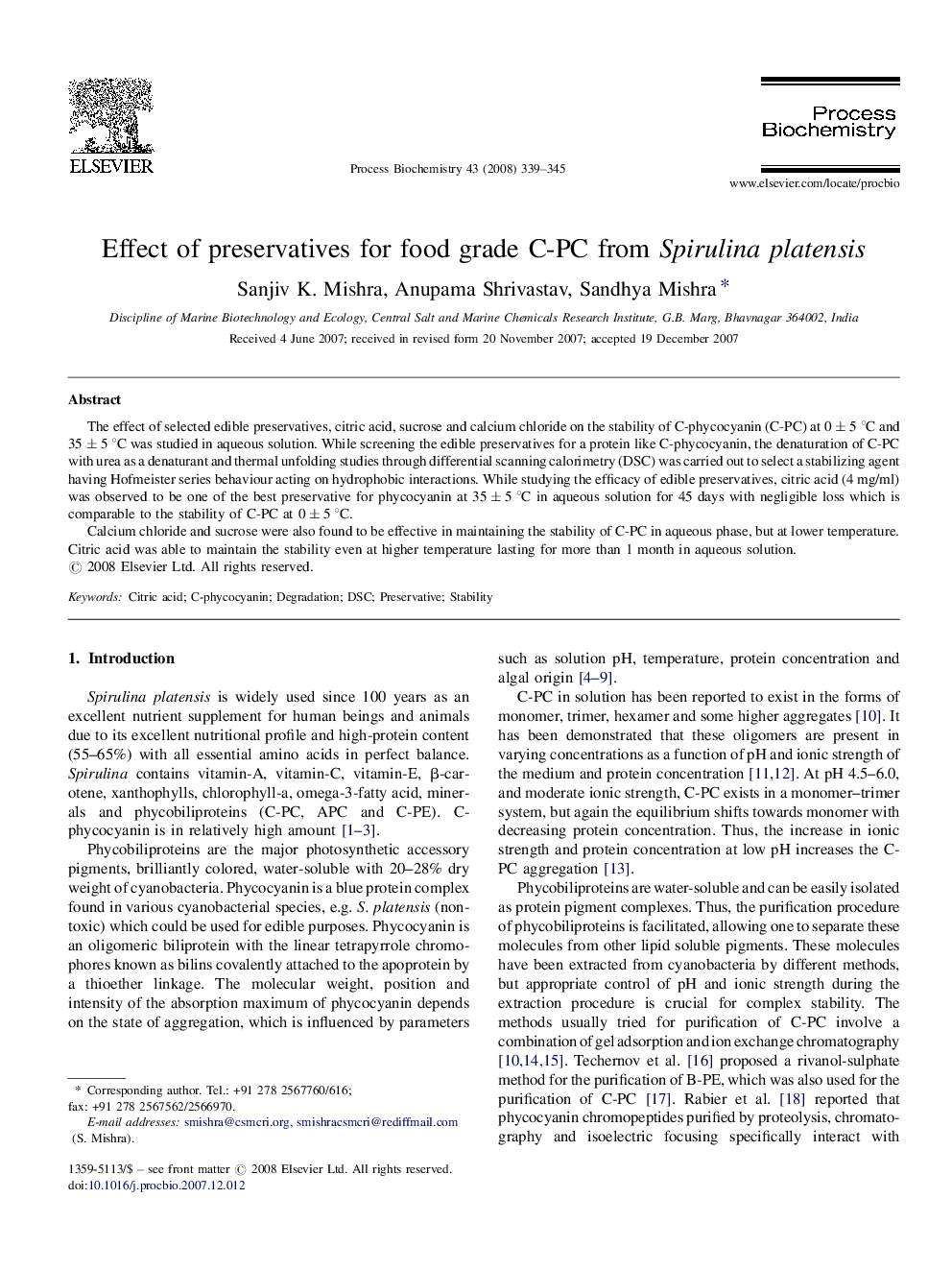 Effect of preservatives for food grade C-PC from Spirulina platensis