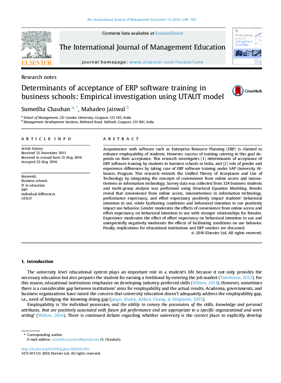 Determinants of acceptance of ERP software training in business schools: Empirical investigation using UTAUT model