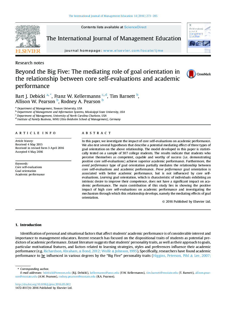 Beyond the Big Five: The mediating role of goal orientation in the relationship between core self-evaluations and academic performance